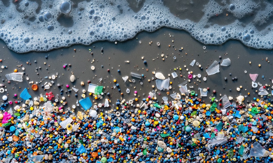 Plage jonchée de microplastiques multicolores et de débris plastiques, illustrant la pollution des écosystèmes marins.